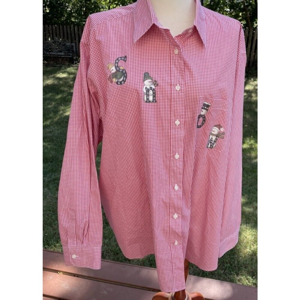 Red Gingham Button-Up Shirt Snowman Embroidery Plus Sz 1X Cotton Womens Holiday